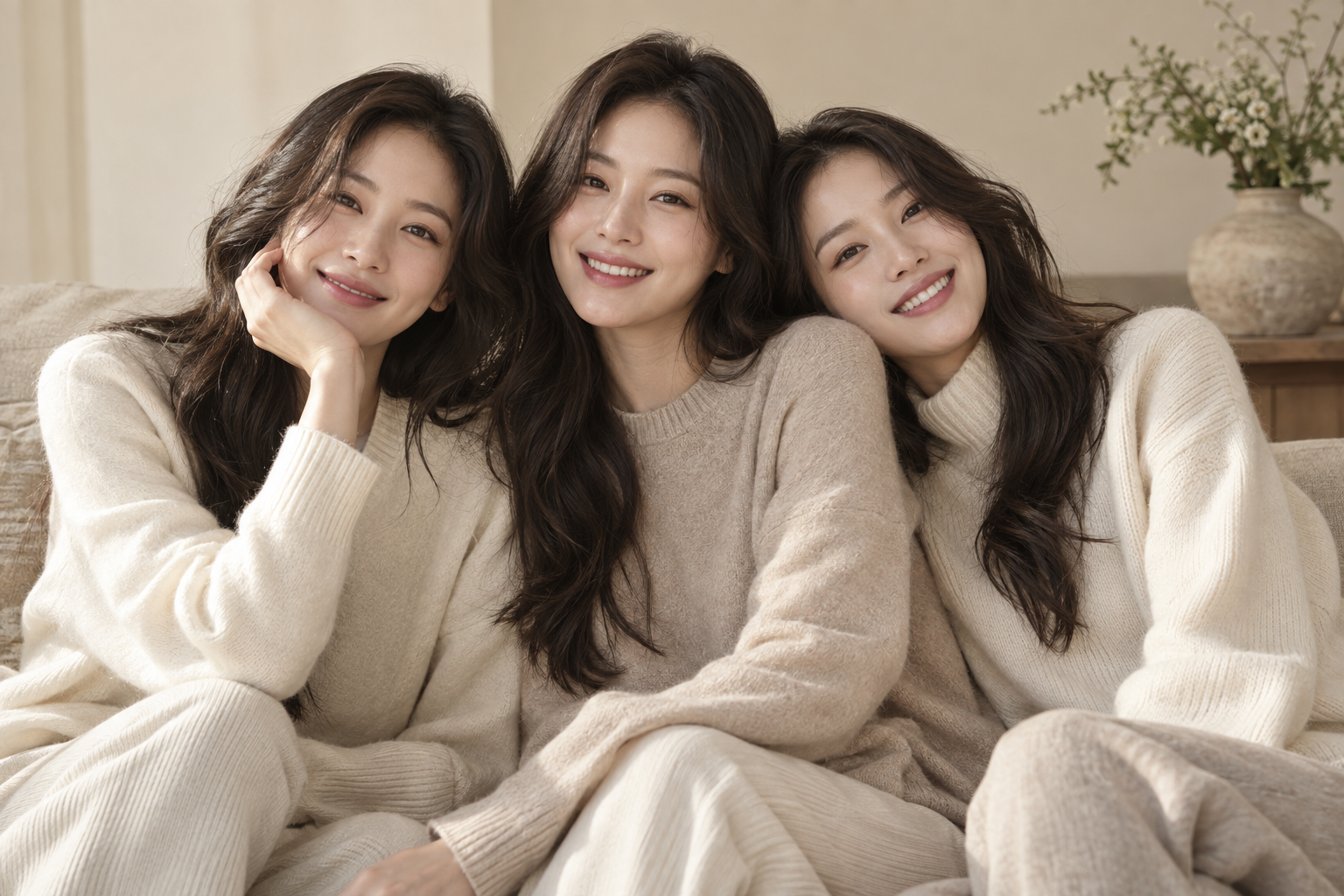 아이보리 니트를 함께 입은 세 명의 모델
