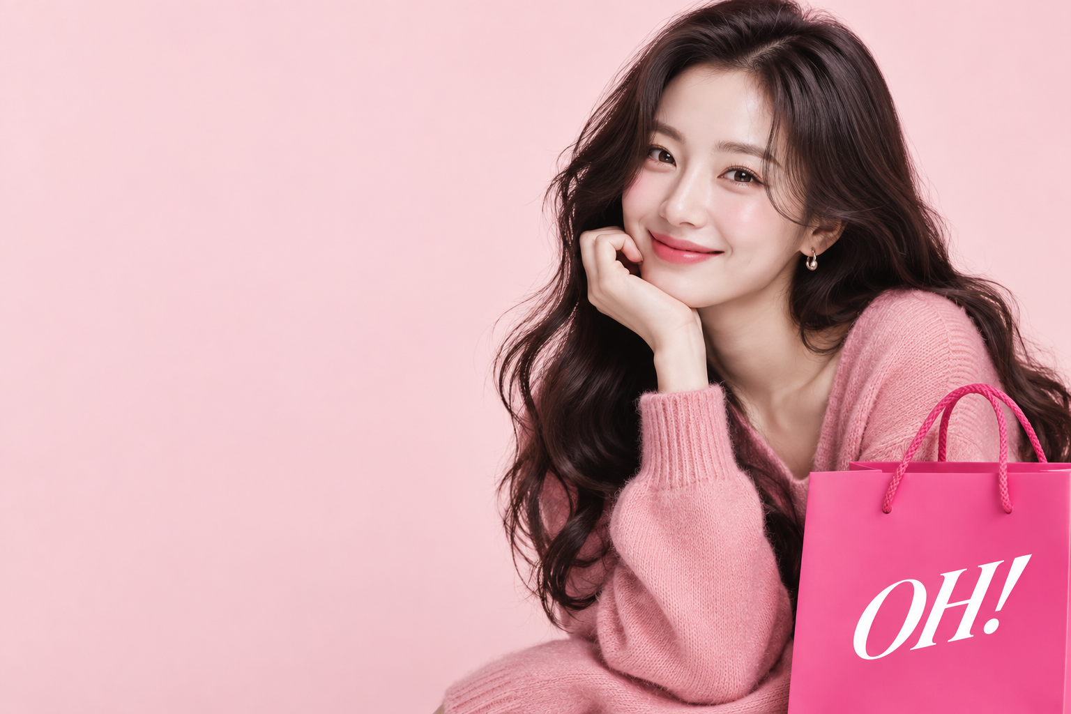 핑크 니트와 오딜 쇼핑백이 함께하는 오딜 시연 이미지